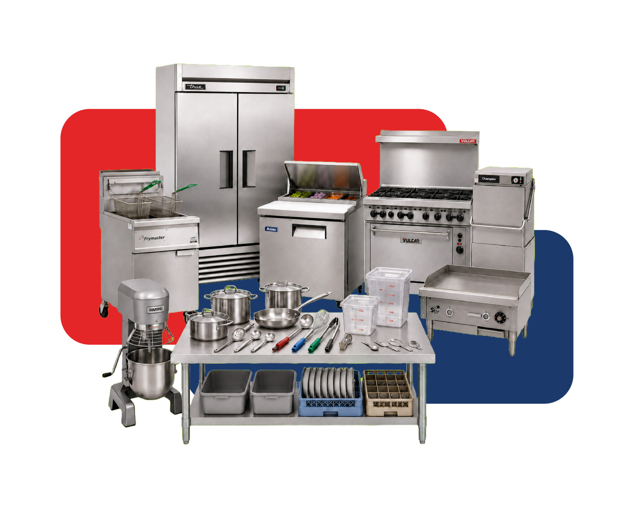 Collage of back-of-house restaurant equipment & supplies