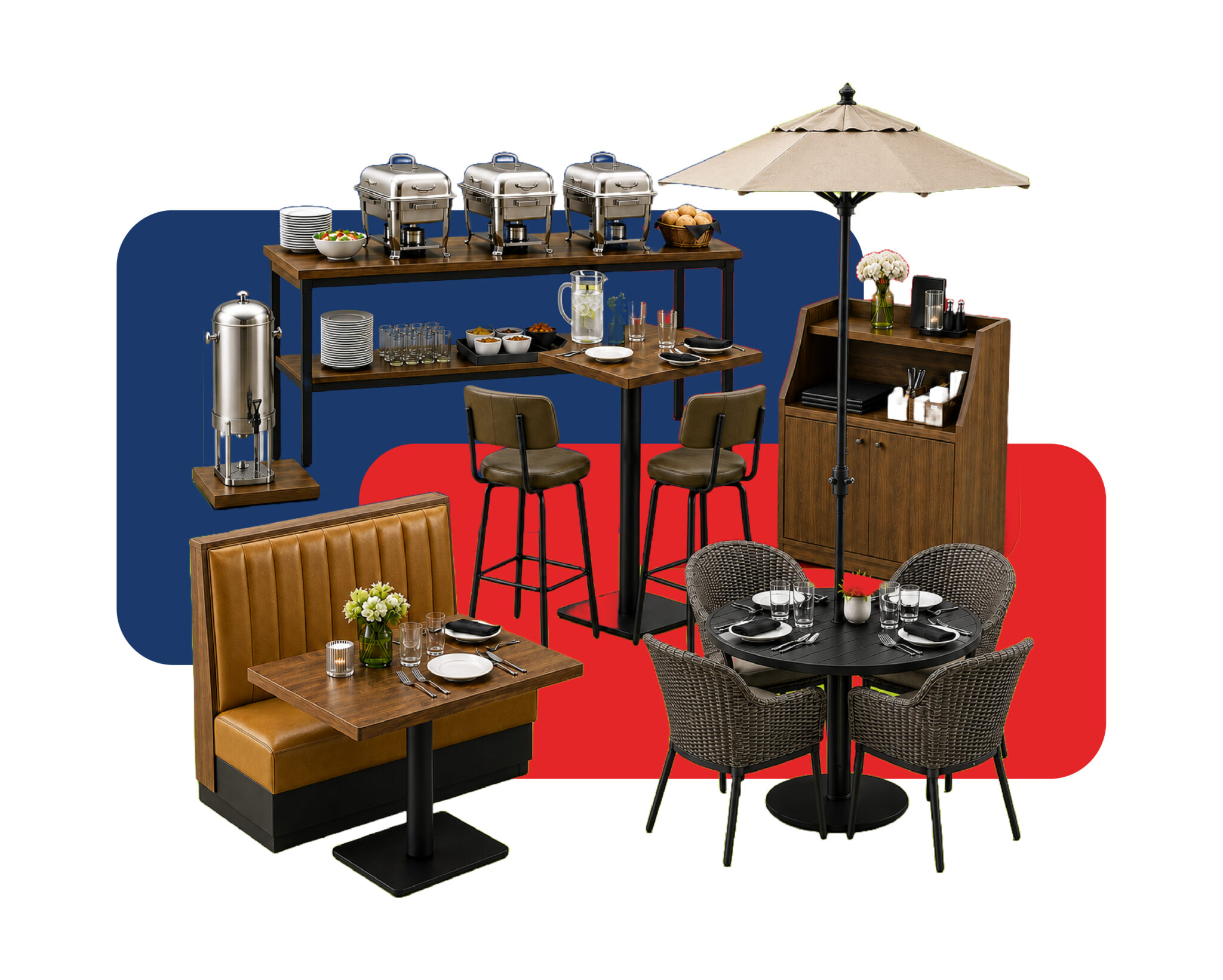 Collage of front-of-house restaurant equipment & supplies